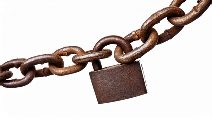 An old rusty padlock closed on a massive chain on transparent background
