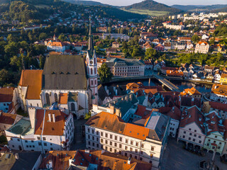 Aerial view of St. Vitus Church and old townscape, Vltava River : Czesky Krumlov, Czech.