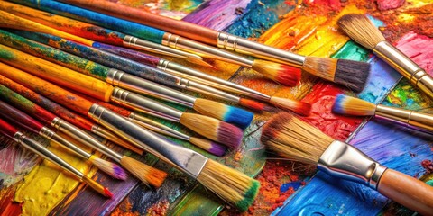 Obraz premium Assorted paintbrushes lay scattered on a vibrant canvas, infused with creativity, awaiting the next stroke of artistic genius to unfold.