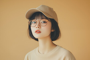 young asian woman wearing glasses and beige cap against yellow background