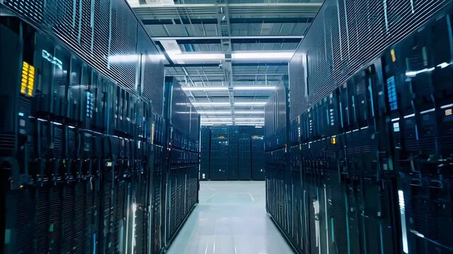 A modern data center with rows of dark server racks illuminated by bright overhead lights creating a sleek, technological atmosphere