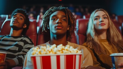 Three friends watching a movie in a cinema, enjoying popcorn and drinks on a weekend evening