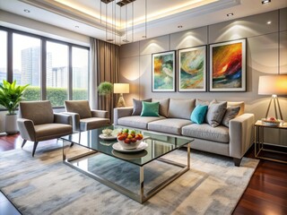 Fototapeta premium Elegant modern living room with sleek furniture, adorned with vibrant artwork, featuring a creative pen sketch drawing on a stylish glass coffee table surface.