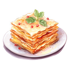 Delicious lasagna with layers of pasta, cheese, and sauce, garnished with fresh basil leaves, served on a white plate.