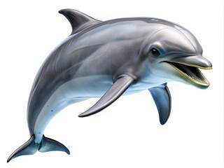 Obraz premium Adorable dolphin leaps into the air, its sleek gray body and bright smile showcased against a clean and crisp white isolated background.