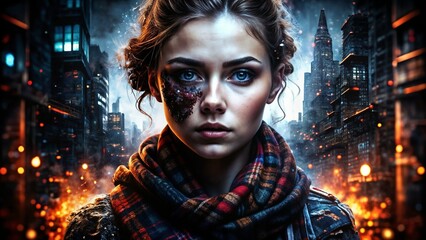 Portrait of a person in futuristic cyberpunk setting with glowing face details