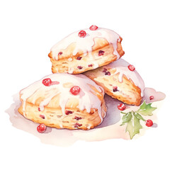 Delicious watercolor illustration of three glazed scones with berries and holly leaves, perfect for festive holiday designs.