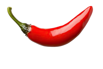 A vibrant red chili pepper, showcasing its glossy surface and curved shape, perfect for culinary and agricultural themes.