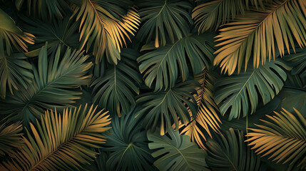 Lush green and golden tropical palm leaves in a dense pattern