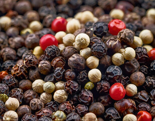 Obraz premium Black, red and white pepper peppercorns background. Close up.