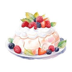 Delicious fluffy cake topped with fresh berries and whipped cream on a white plate. Perfect for dessert or special occasions.