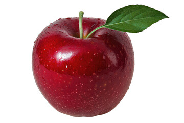 Fresh red apple with a green leaf, showcasing its vibrant color and natural sheen, perfect for food-related designs.