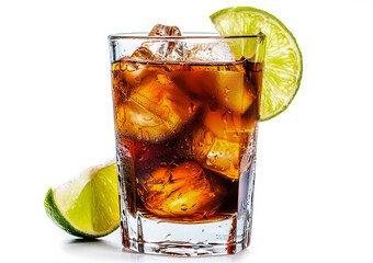 Old fashioned cocktail drink rum or whiskey with cola with lime on white background. Alcoholic drinks.