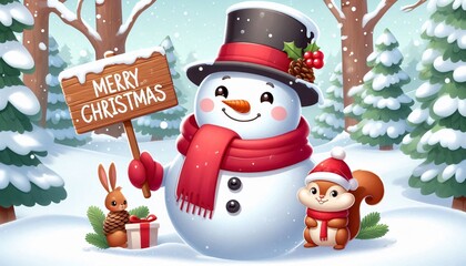 Christmas greeting card snow snowman firs winter merry Christmas holiday celebration