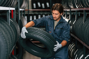 Indoors, holding tire. Man is in the tire fitting car service