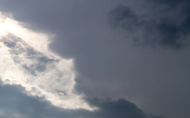 The sky is covered with gray clouds. Gray fluffy rain clouds close-up