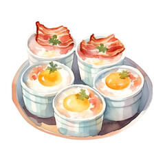 Watercolor painting of baked eggs and bacon in cups, beautifully presented on a plate, perfect for food illustration collections.