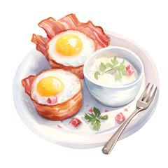 Delicious breakfast plate with sunny side up eggs, crispy bacon, and garnished soup. Perfect morning meal.