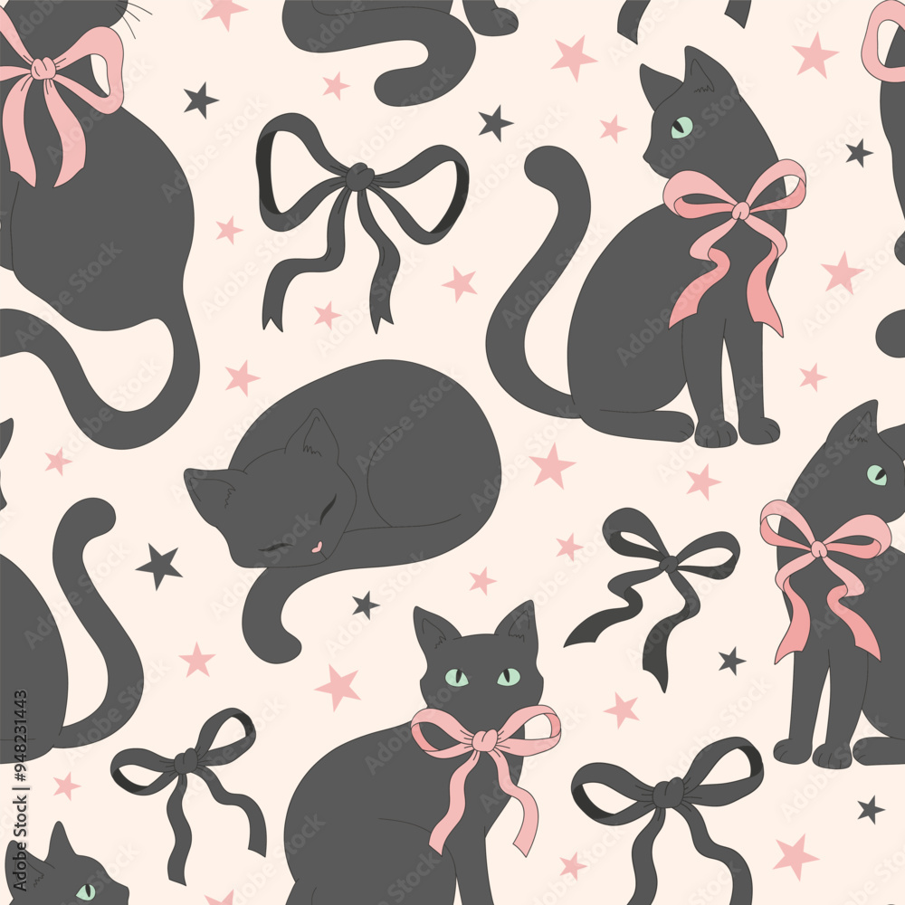 Sticker Cute black cat vector seamless pattern. Coquette Halloween background.