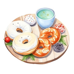 A delicious assortment of donuts accompanied by a cup of green tea, beautifully arranged on a wooden platter.