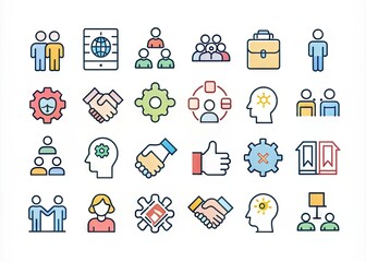 Colorful outline icons representing collaboration and teamwork, including handshake, puzzle, and brainstorming symbols, all with editable strokes for customization.