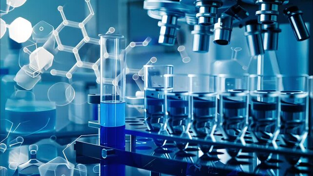 A laboratory scene features test tubes filled with vibrant liquids, illuminated by blue light, showcasing scientific research and experimentation