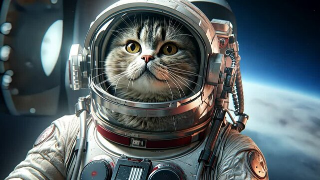 Footage A cat in a space suit, looking curiously at the cosmos.