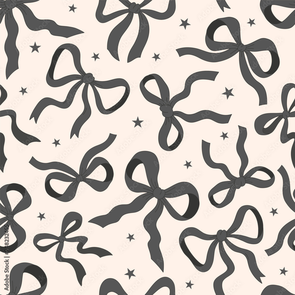 Sticker Cute Black ribbon bow vector seamless pattern. Coquette Halloween background.