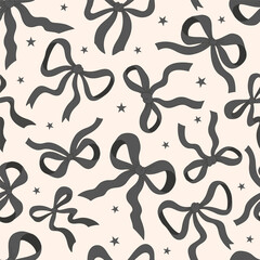 Cute Black ribbon bow vector seamless pattern. Coquette Halloween background.