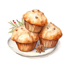 Three delicious muffins on a white plate, accompanied by spices and a sprig of greenery, perfect for bakery or food-themed concepts.