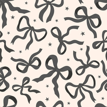 Cute Black ribbon bow vector seamless pattern. Coquette Halloween background.
