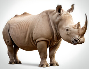 Obraz premium A powerful White Rhinoceros stands alert against a white background, its two horns and thick skin clearly visible. Perfect for wildlife documentaries, educational resources, or projects focused on con
