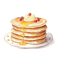 Stack of fluffy pancakes topped with syrup, whipped cream, and berries on a plate. Delicious breakfast or brunch concept.