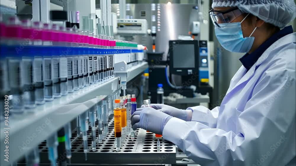 Aufkleber a scientist conducts experiments in a laboratory, handling colorful test tubes with precision and fo