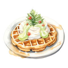 Festive holiday waffle with whipped cream, green topping, and holly decoration on a white plate, perfect for Christmas breakfast.