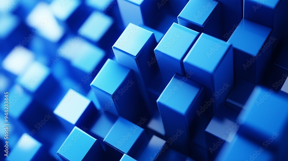 Poster blue geometric blocks arranged in a dynamic pattern, showcasing depth and structure in a modern abst