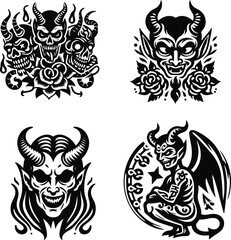 Obraz premium a Collection of black and white Tattoo of a Devil skull with horns Black Vector Illustration