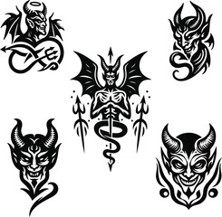 Fototapeta premium a Collection of black and white Tattoo of a Devil skull with horns Black Vector Illustration