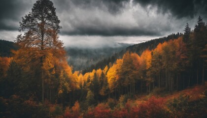 Fototapeta premium valley and forest in the autumn season, beautiful nature, rainy weather, cloudy