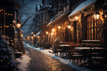 Fototapeta premium a city street on a winter night, snow covered houses and trees, the light of lanterns, facades of houses decorated for Christmas or New Year, festive environment