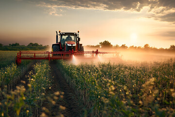 Fototapeta premium Tractor sprays field with pesticides in summer