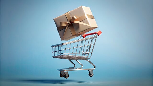 A sleek gift box suspended above a slow-moving shopping cart, symbolizing the swift and effortless experience of modern online shopping and instant delivery.