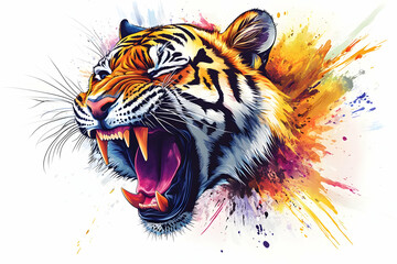 Vibrant illustration of a roaring tiger, showcasing vivid colors and dynamic splashes, perfect for wildlife and nature themes.