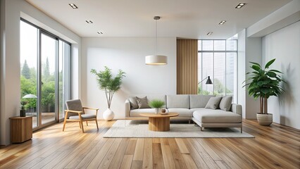 Modern minimalist interior features crisp white walls, sleek wooden floors, and sparse decor, evoking a sense of calmness and serenity through its clean lines and simplicity.