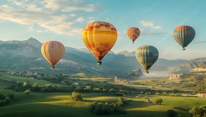 Naklejka premium Colorful hot air balloons float above a picturesque landscape, capturing the beauty of nature and adventure.