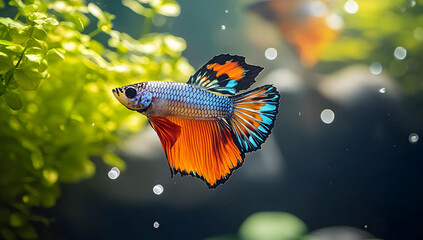 Fototapeta premium A vibrant betta fish swims gracefully through underwater greenery, showcasing its colorful fins against a serene aquatic backdrop.