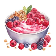Watercolor illustration of a delicious yogurt bowl with fresh berries and granola. Perfect for healthy breakfast and snack concepts.