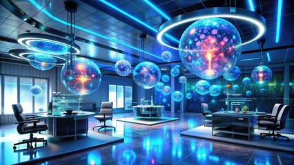 Fototapeta premium Sleek, high-tech lab filled with glowing, iridescent regenerative cells suspended in mid-air, surrounded by futuristic holographic interfaces and advanced biomedical equipment.