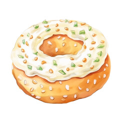 Illustration of a delicious bagel with cream cheese and chives, topped with sesame seeds. A perfect choice for breakfast imagery.