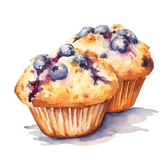 Watercolor illustration of two blueberry muffins with a light, artistic touch. Perfect for bakery, dessert, or breakfast-themed projects.